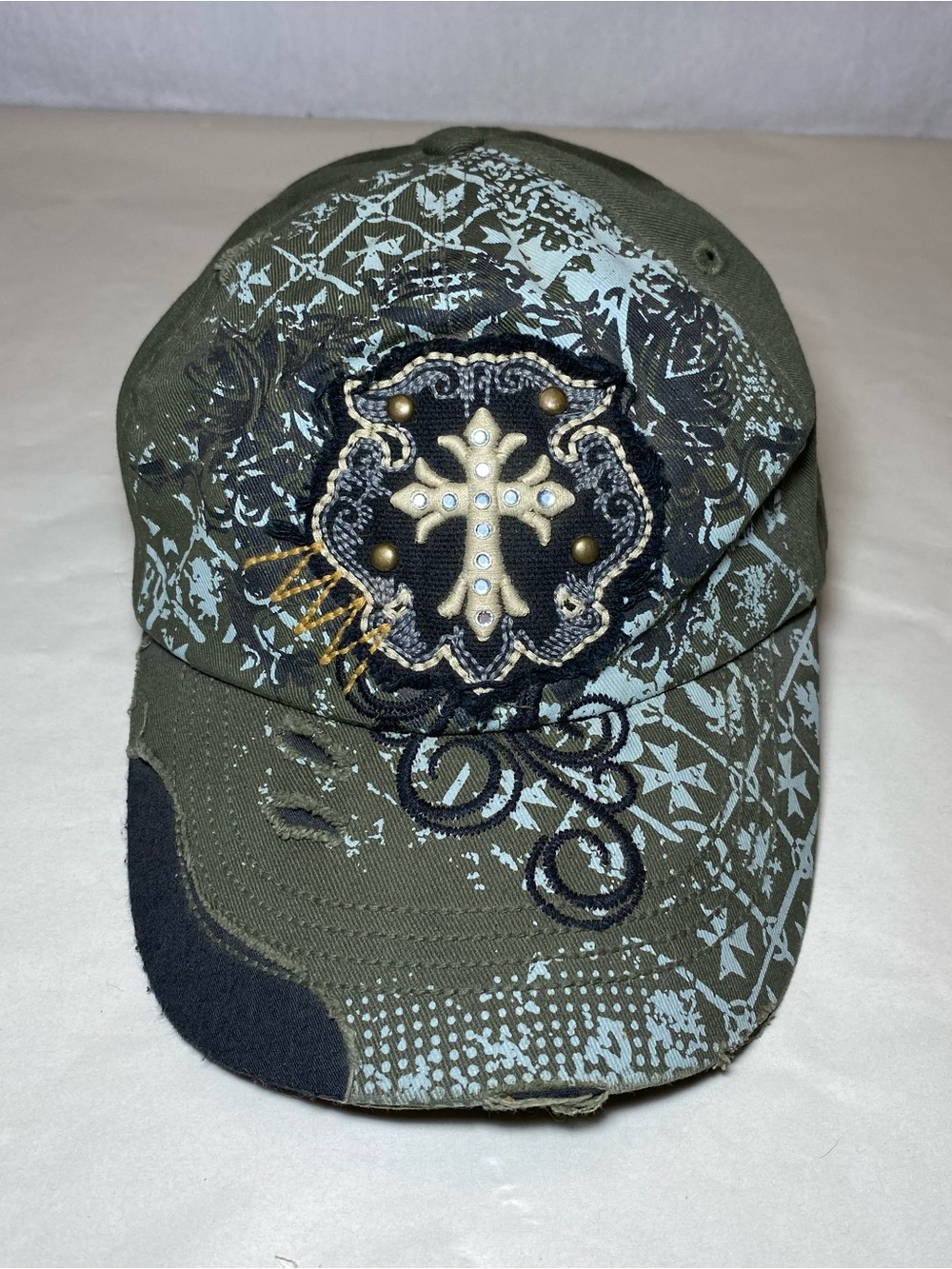 Leader Vintage Cadet Hat Christian Cross Grunge Distressed Rhinestones Y2K Women